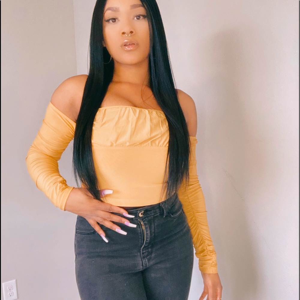 Golden Yellow Long Sleeve Off the Shoulder Crop Top